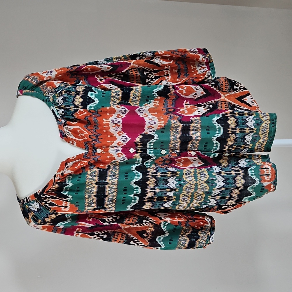 Lucky Brand Aztec Southwestern Boho Top Colorful Balloon Sleeve Cotton LG